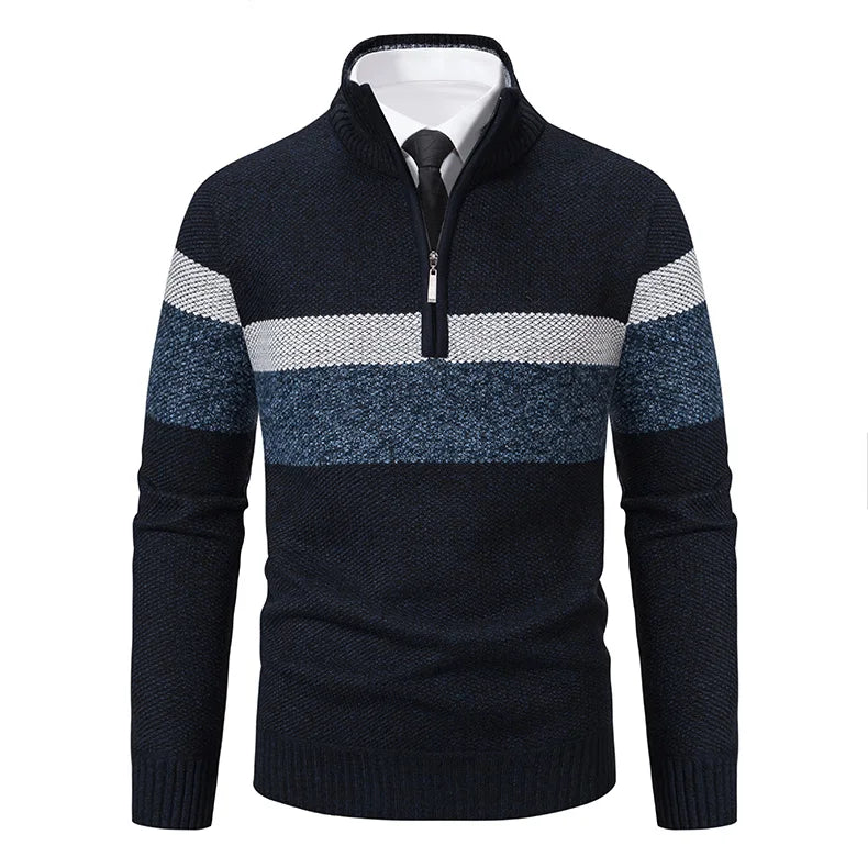 Men's Knitted Striped Quarter-Zip Jumper – Long Sleeve High Neck Pullover Sweater
