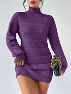 Women's Knitted Sweater Dress – Ribbed Turtleneck Mini Dress with Long Sleeves