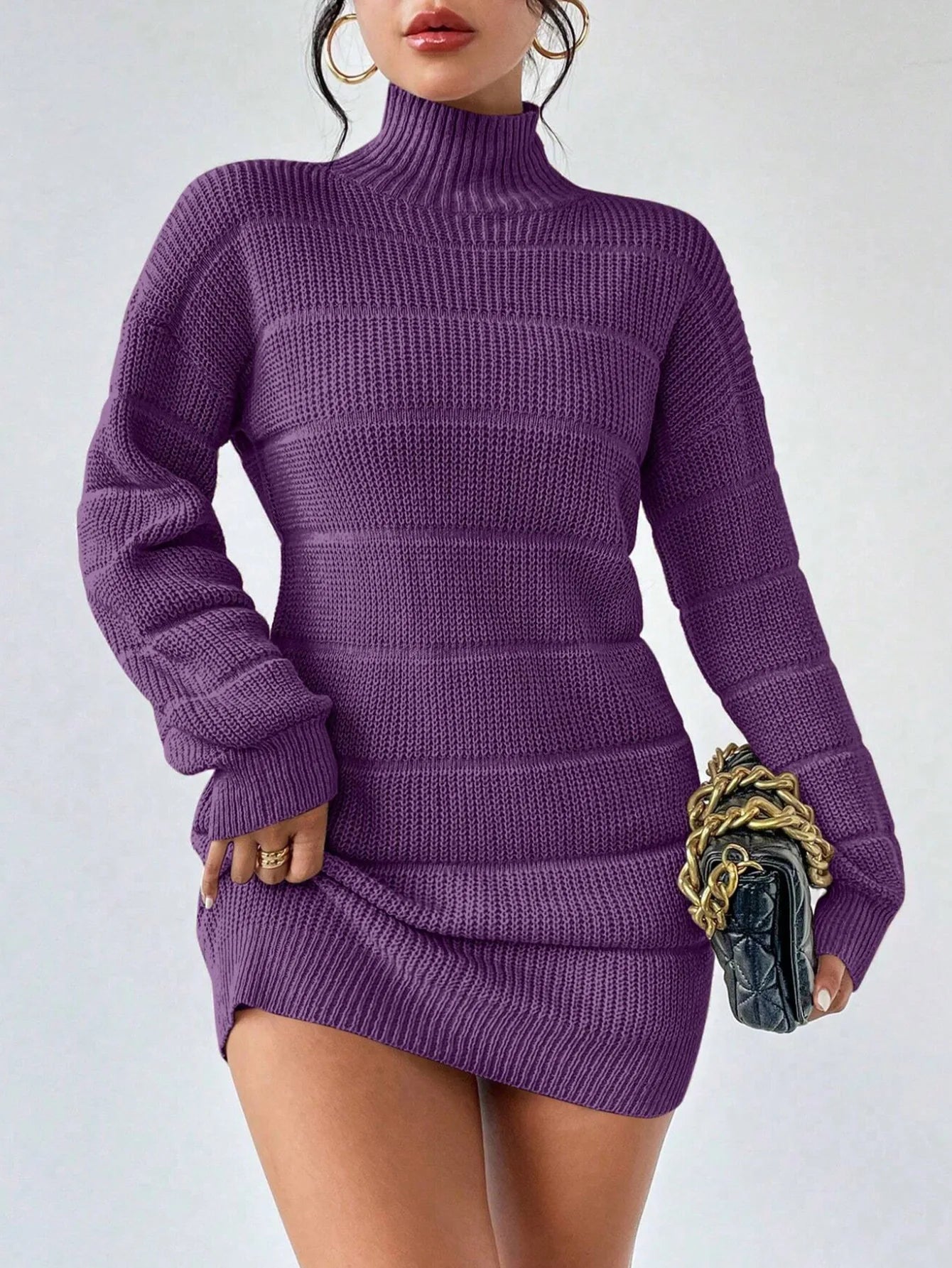 Women's Knitted Sweater Dress – Ribbed Turtleneck Mini Dress with Long Sleeves