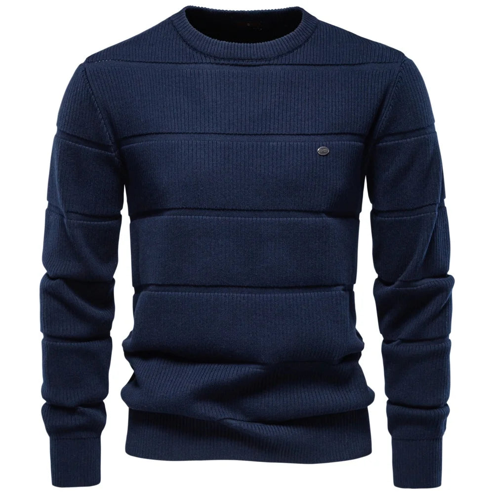 Men's Knitted Crew Neck Jumper – Long Sleeve Textured Sweater with Ribbed Trims