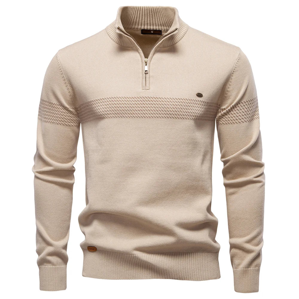 Men's Knitted Quarter Zip Jumper – Long Sleeve High Neck Striped Sweater