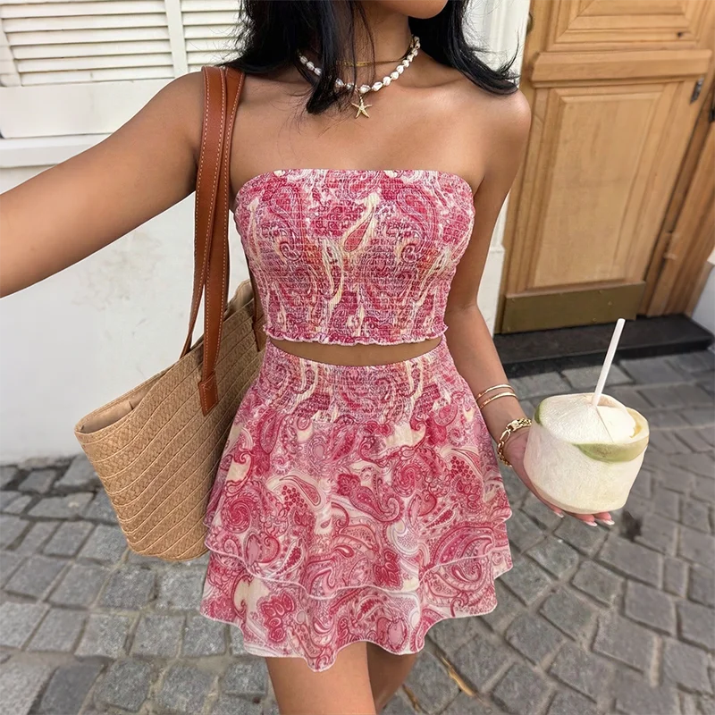 Women's Paisley Print Bandeau Top Skirt Set