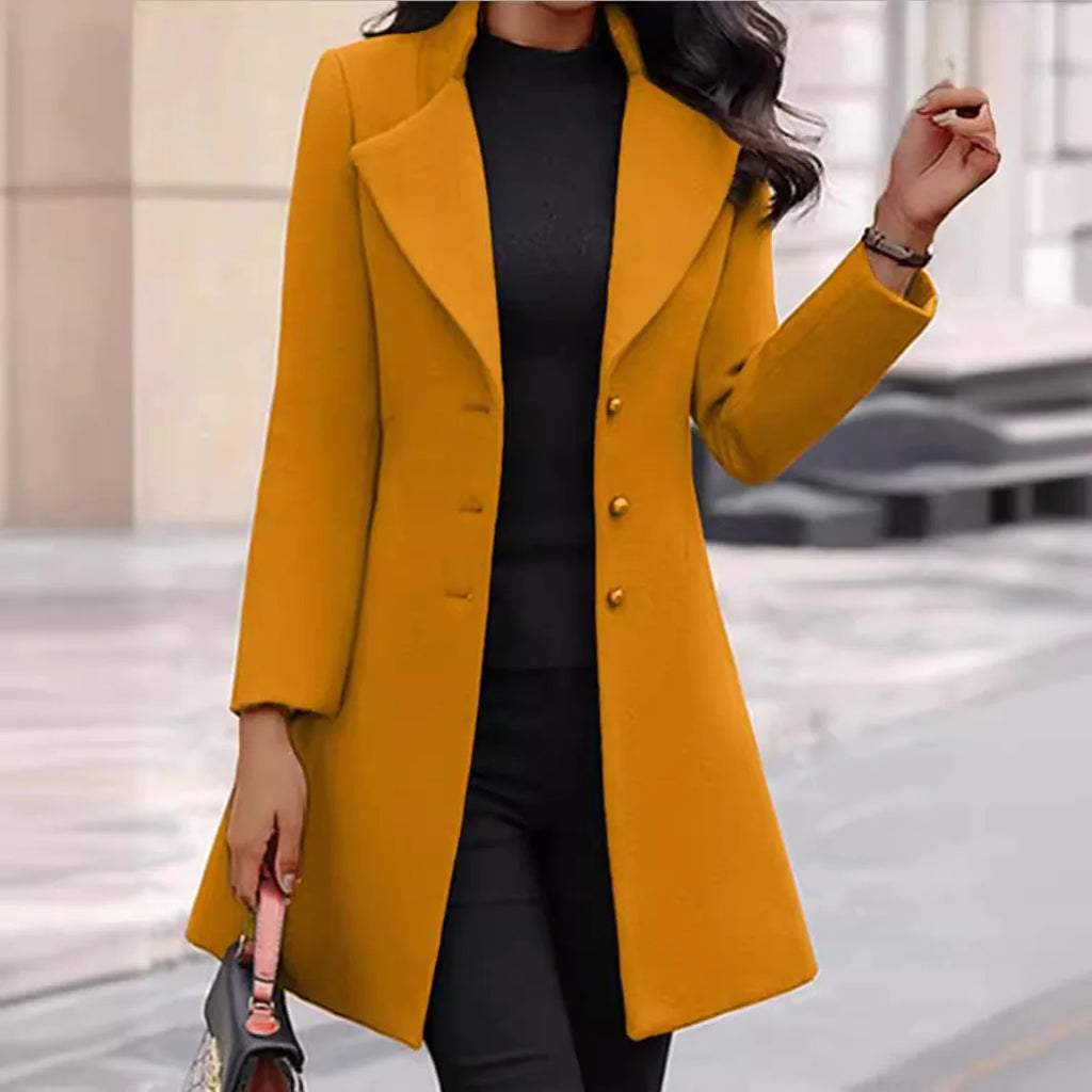 Women's Double Breasted Longline Coat – Tailored Lapel Collar Long Sleeve Outerwear