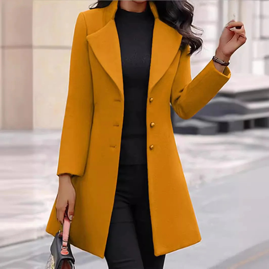 Women's Double Breasted Longline Coat – Tailored Lapel Collar Long Sleeve Outerwear