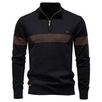 Men's Knitted Quarter-Zip Jumper with High Collar and Horizontal Striped Detail