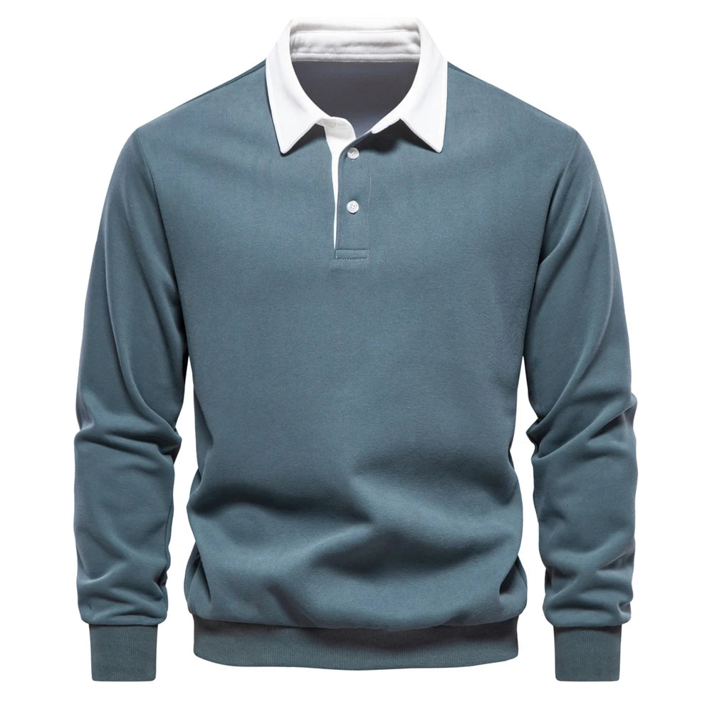 Men's Classic Collared Long Sleeve Polo Shirt with Ribbed Cuffs
