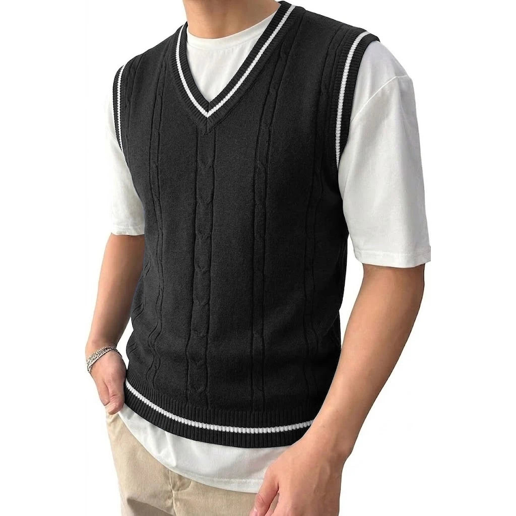 Men's Cable Knit Gilet with V Neck and Ribbed Trims
