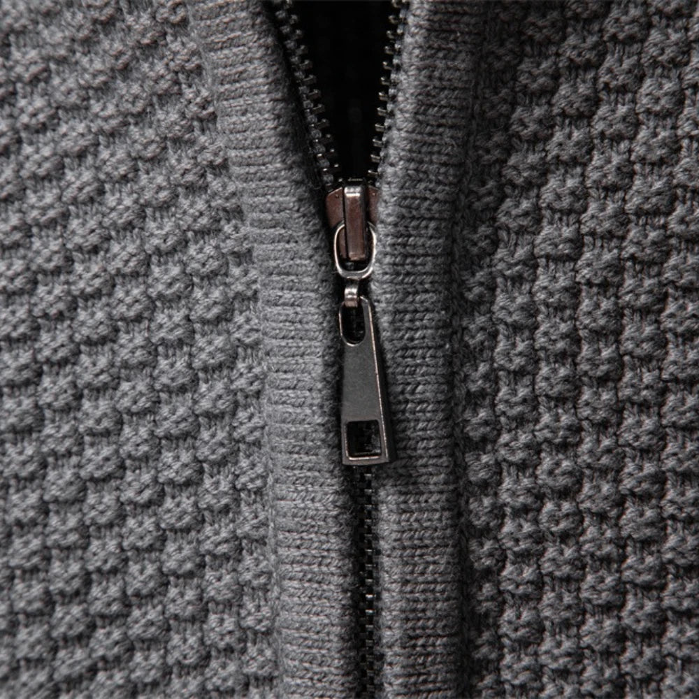 Men's Cable Knit Zip Cardigan with Ribbed Cuffs and Hem