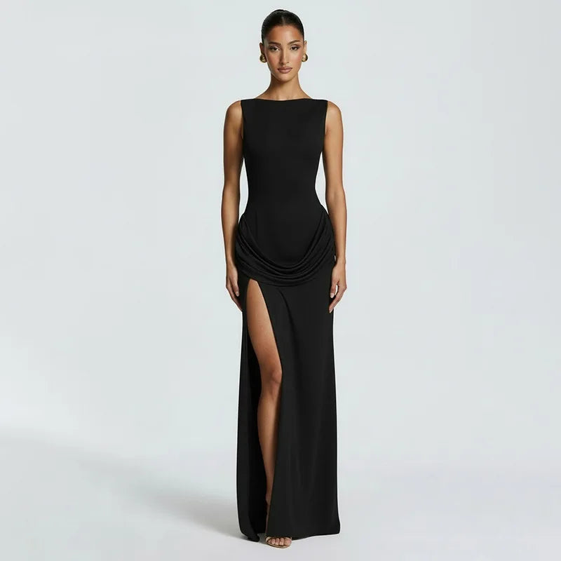 Draped Back Maxi Dress With High Slit