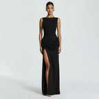 Draped Back Maxi Dress With High Slit