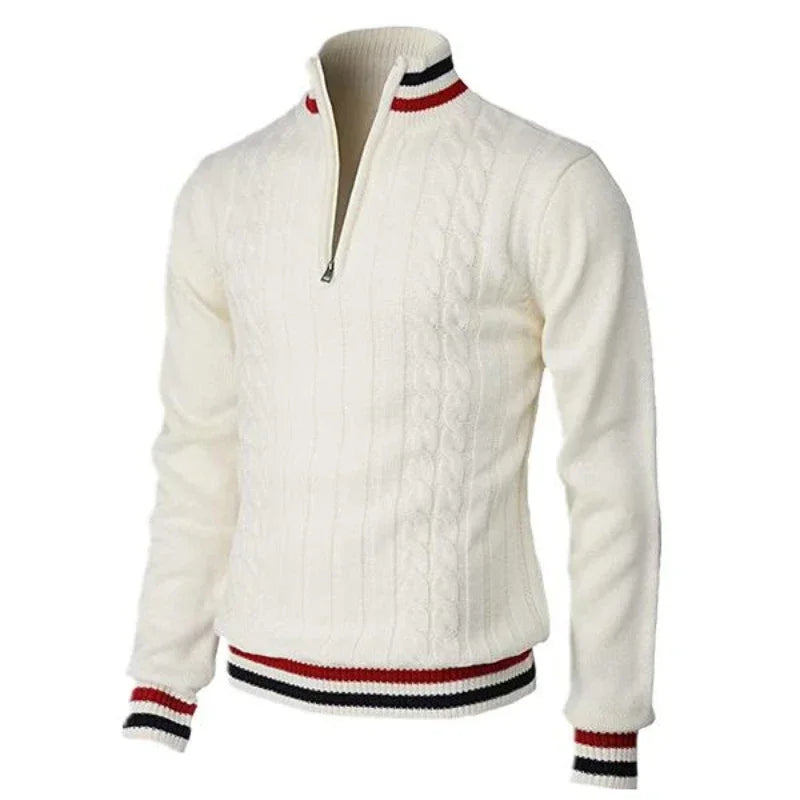Men's Cable Knit Quarter Zip Jumper with Striped Trim