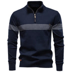 Men's Knitted Quarter-Zip Jumper with High Collar and Horizontal Striped Detail