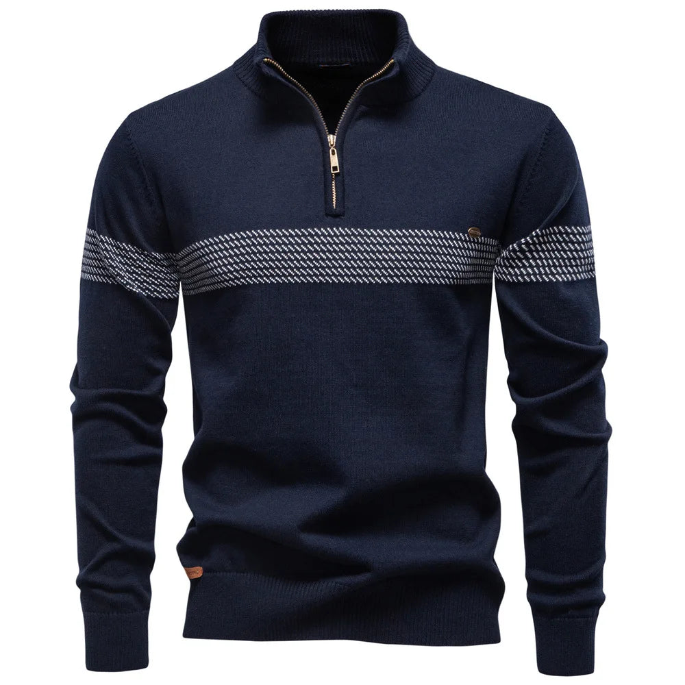 Men's Knitted Quarter-Zip Jumper with High Collar and Horizontal Striped Detail