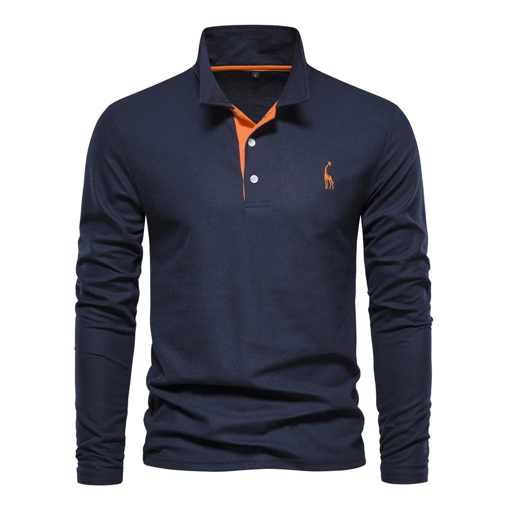 Men's Classic Collared Long Sleeve Polo Shirt with Embroidered Detail
