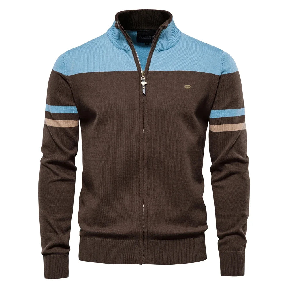 Men's Full Zip Jumper with Stand Collar – Long Sleeve Colour Block Knit