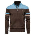 Men's Full Zip Jumper with Stand Collar – Long Sleeve Colour Block Knit