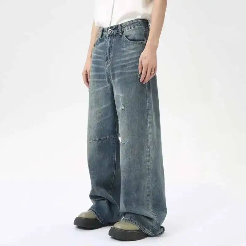 Men's Relaxed Wide Leg Denim Jeans With Button Zip Closure