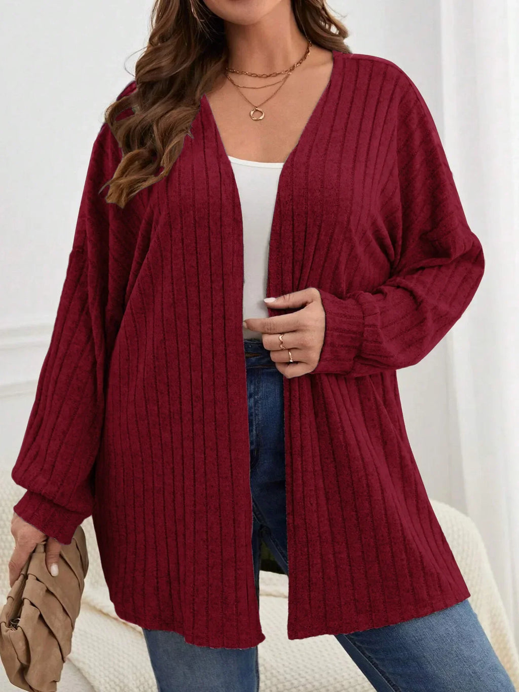 Women's Ribbed Knit Cardigan – Longline Open Front Jumper with Long Sleeves