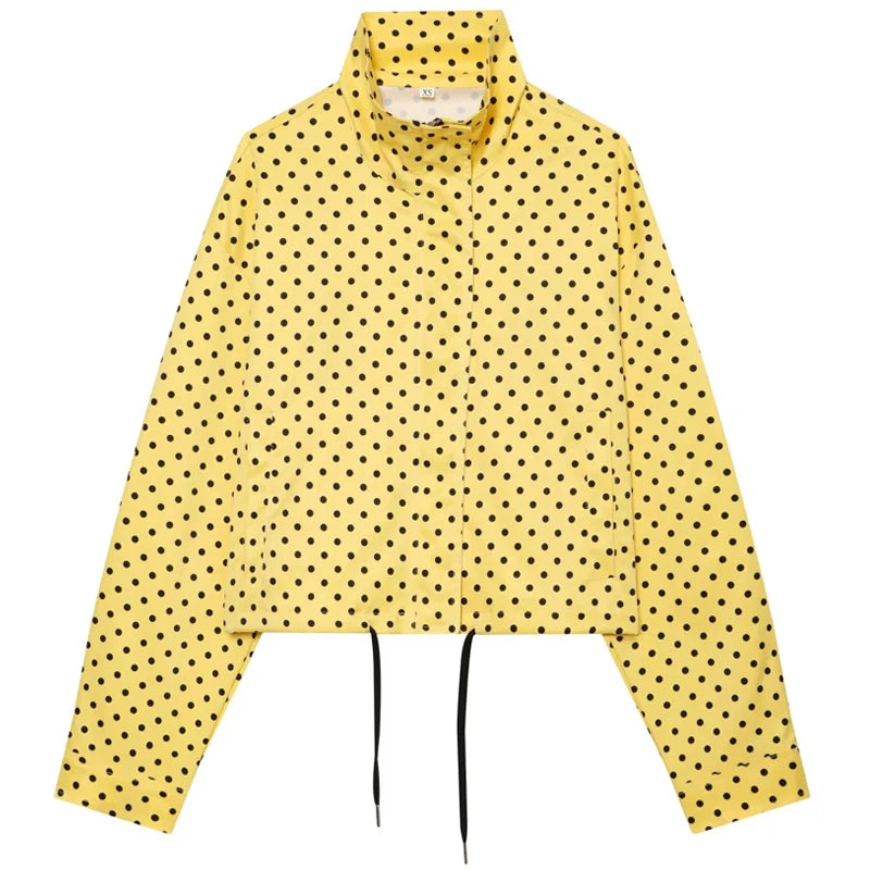 Women's Polka Dot Jacket – Cropped Hooded Zip Front Coat with Long Sleeves and Pockets