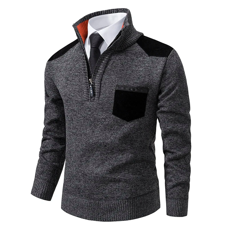 Men's Long Sleeve Pullover Sweater Quarter Zip Chest Pocket