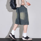 Men's Relaxed Wide Leg Denim Shorts with Washed Detail