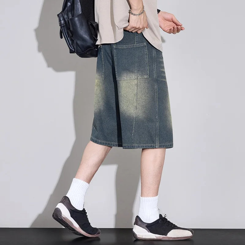 Men's Relaxed Wide Leg Denim Shorts with Washed Detail