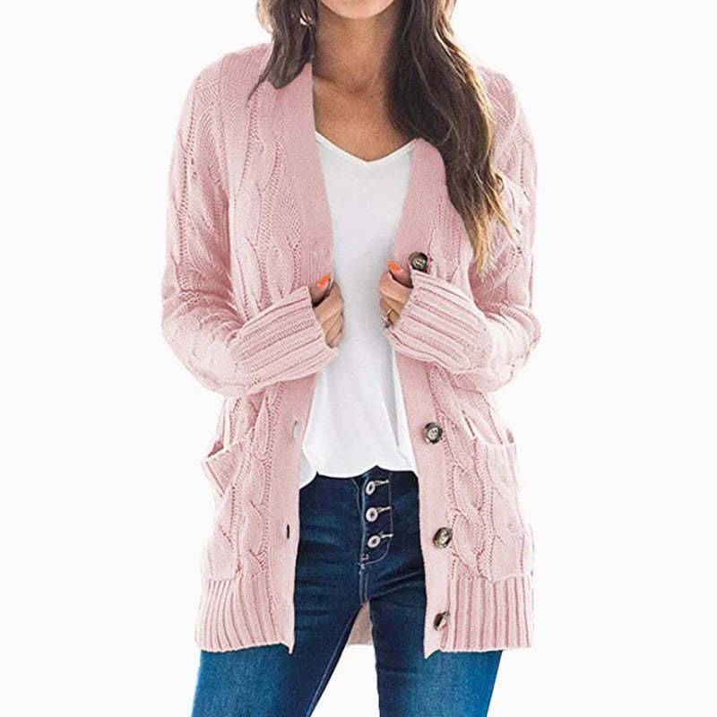 Women's Cable Knit Cardigan – Longline V Neck Button Front Sweater with Pockets
