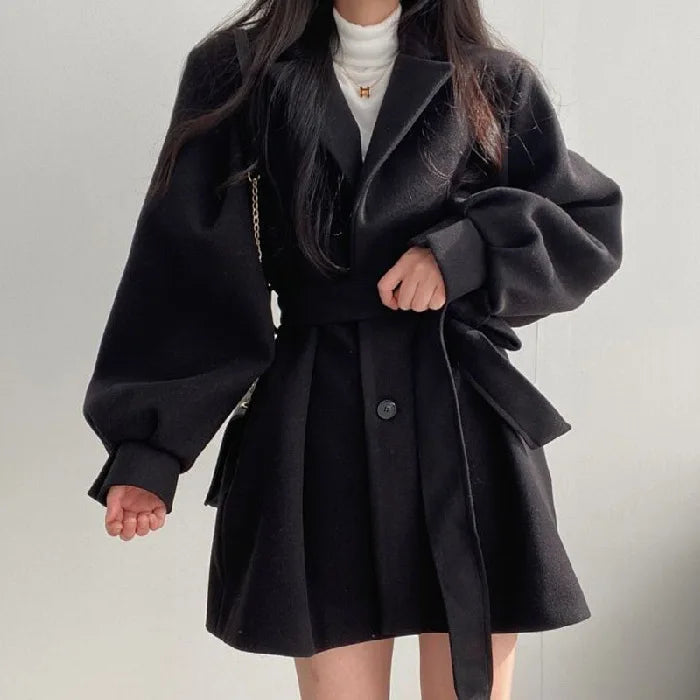 Women's Belted Double Breasted Coat – Long Sleeve Lapel Collar Button Front