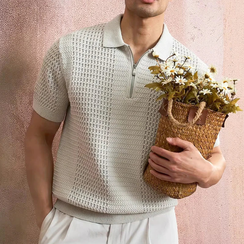 Mens Textured Knit Half Zip Polo