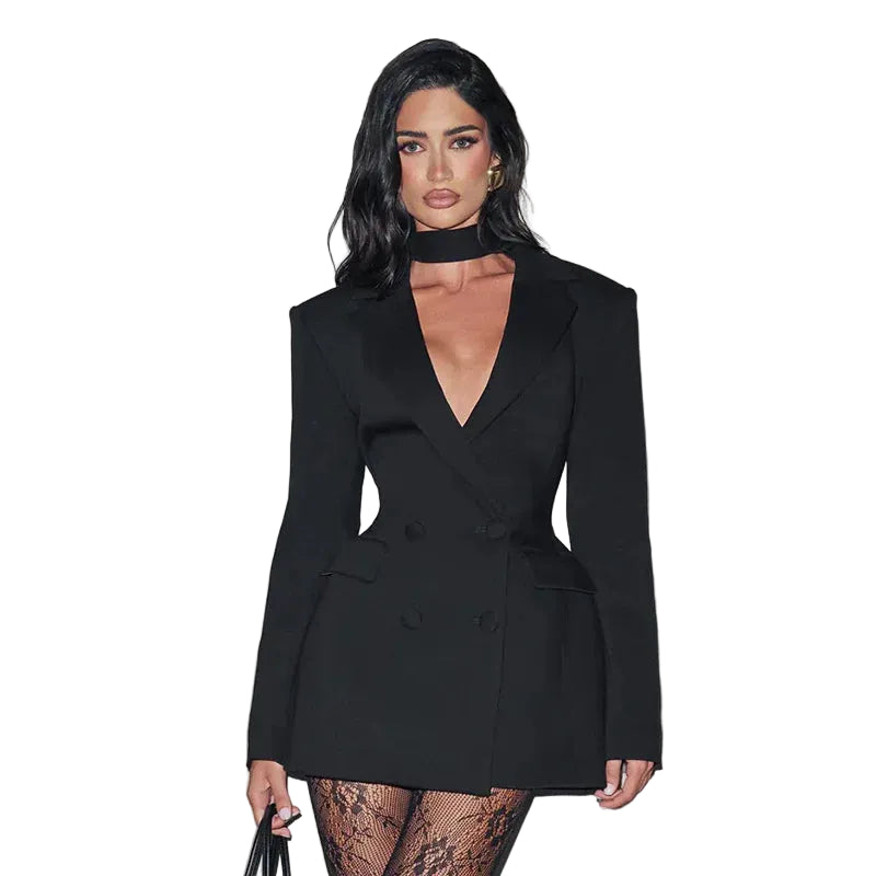 Women's Blazer Mini Dress With Choker Collar