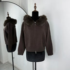 Women's Knitted Jumper with Fur Collar – Long Sleeve Zip Front Sweater