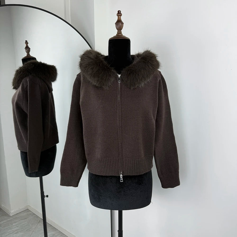 Women's Knitted Jumper with Fur Collar – Long Sleeve Zip Front Sweater