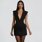 Plunge Neck Ruched Mini Dress With Cap Sleeves
