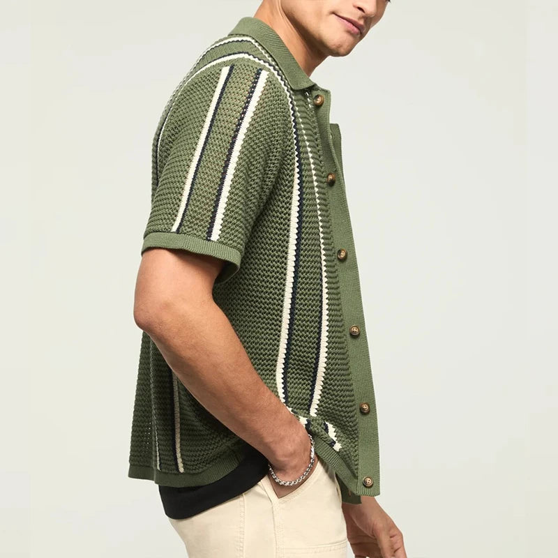 Stripe Knit Button Polo Shirt Men