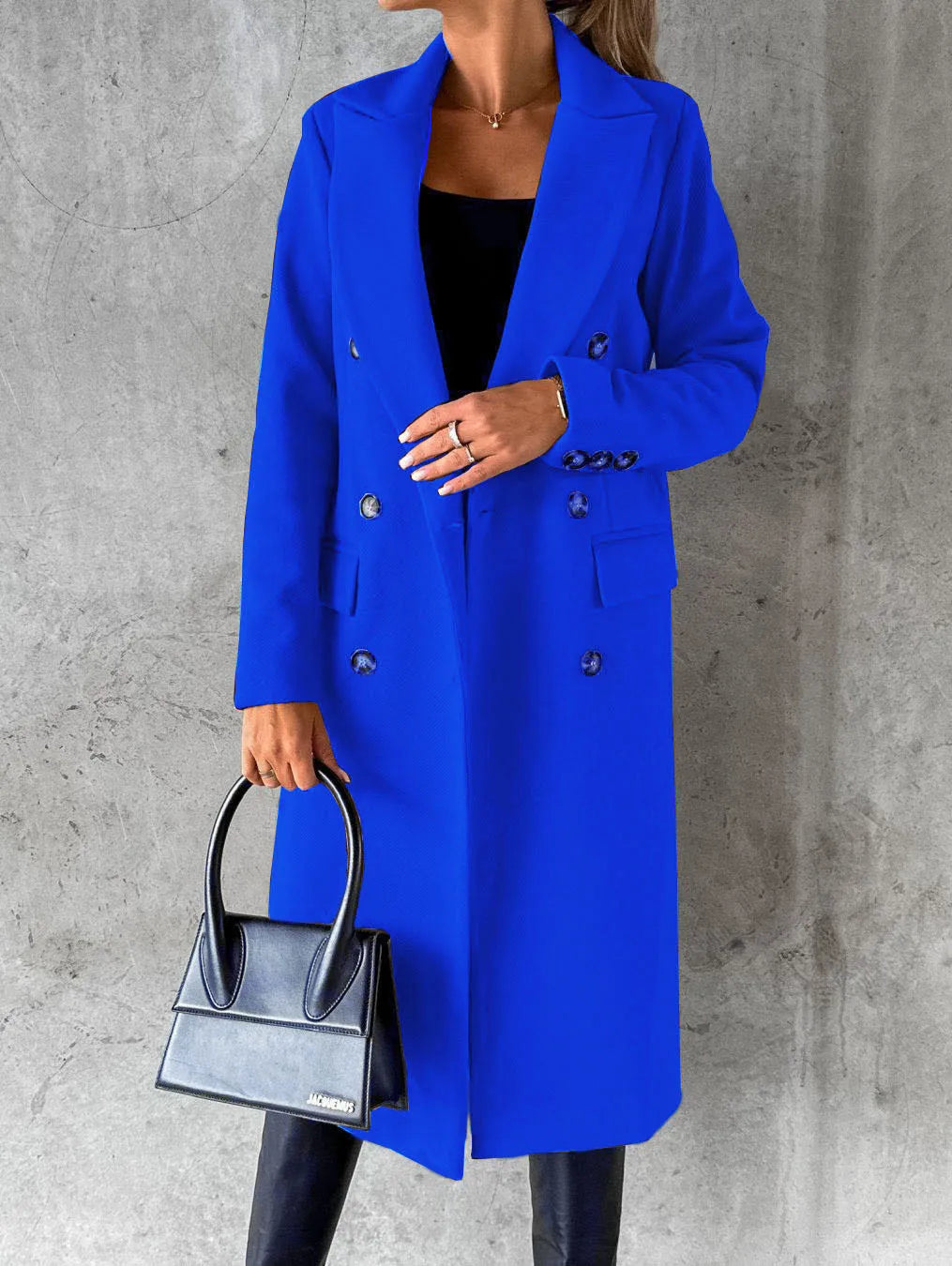 Women's Longline Double Breasted Coat – Long Sleeve Lapel Collar Button Front