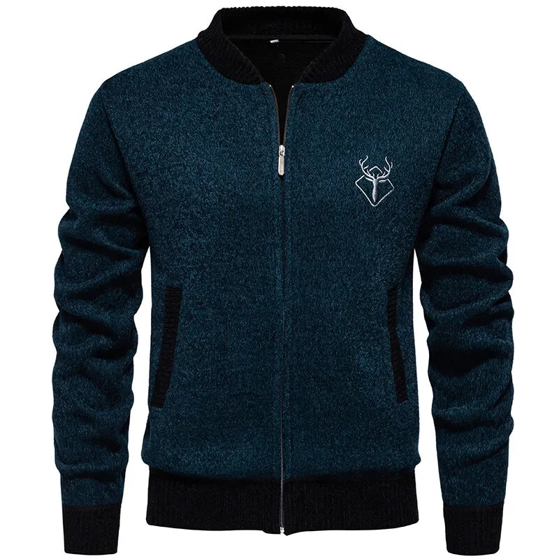 Men's Knitted Zip-Up Jacket – Stand Collar Long Sleeve Ribbed Cuffs Pockets