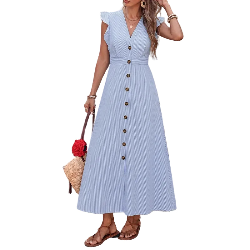 Women's Button Front Flutter Sleeve Dress