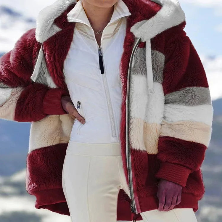 Women's Teddy Fleece Hooded Jacket – Zip Front Long Sleeve Winter Coat with Pockets