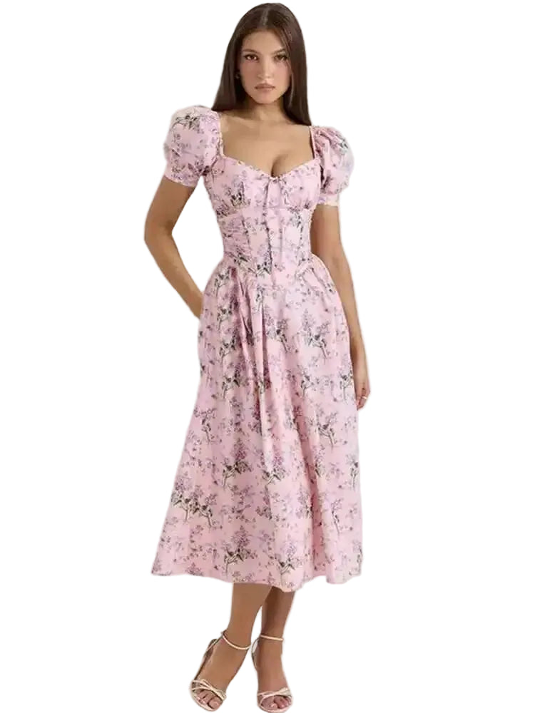 Puff Sleeve Floral Print Dress Women