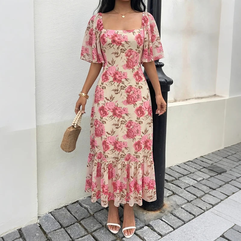 Floral Print Square Neck Midi Dress