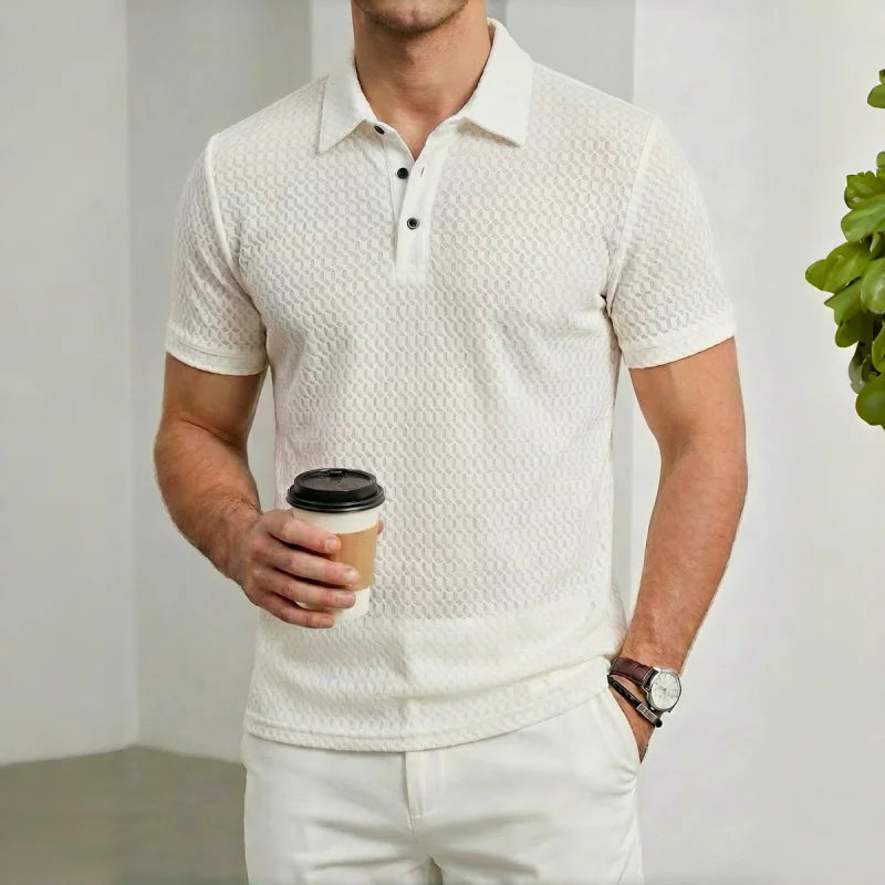 Men's Textured Short Sleeve Polo Shirt with Button Placket