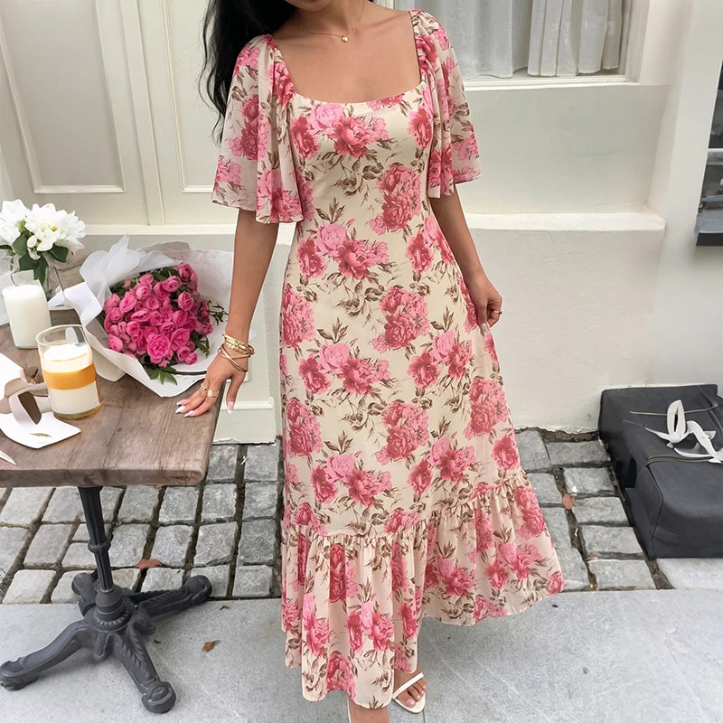 Floral Print Square Neck Midi Dress