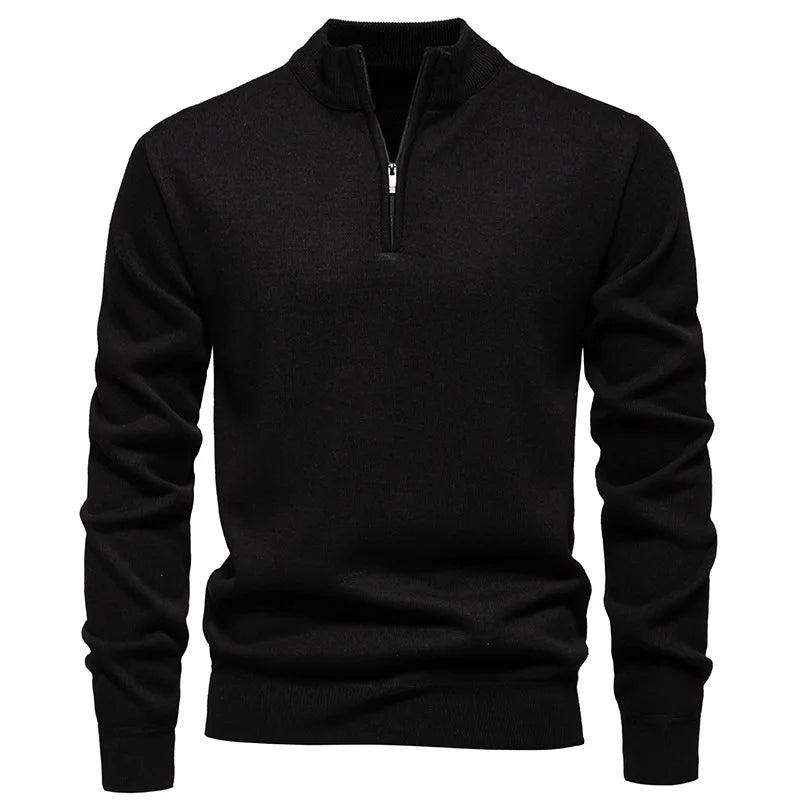 Men's Neck Zip Jumper with Stand Collar Ribbed Cuffs