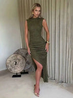High Neck Fitted Maxi Dress With Lace