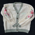 Women's Knitted Cardigan with Floral Embroidery – V Neck Long Sleeve Button Front Sweater