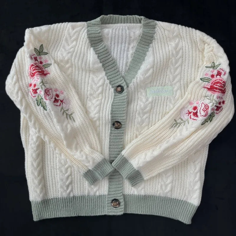 Women's Knitted Cardigan with Floral Embroidery – V Neck Long Sleeve Button Front Sweater