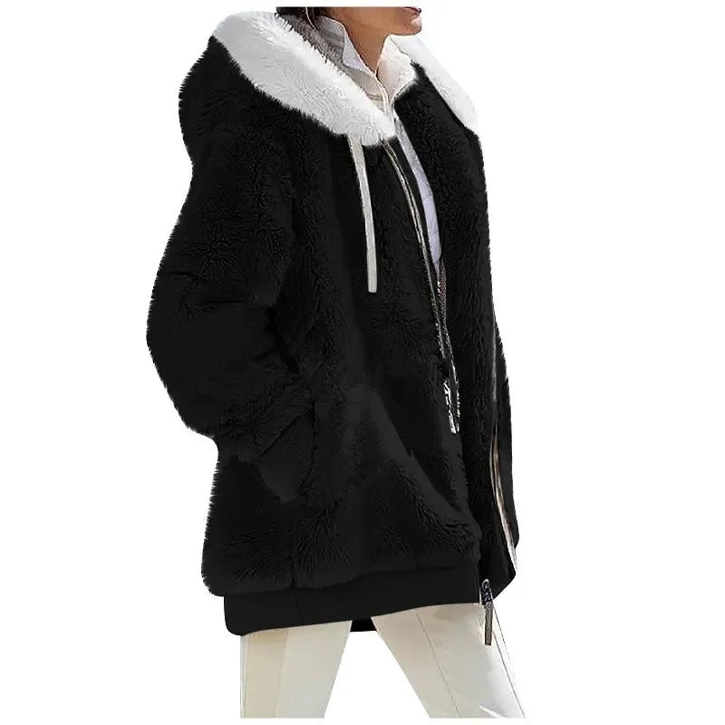 Women's Fleece Zip Up Teddy Coat – Hooded Plush Jacket for Cold Weather with Pockets