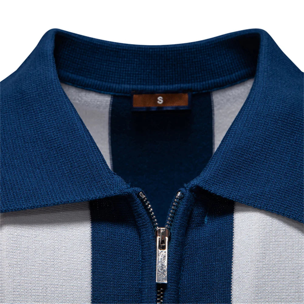 Men's Short Sleeve Striped Polo Shirt with Quarter Zip Collar