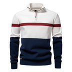 Men's Knitted Quarter-Zip Jumper with High Neck and Striped Colour-Block Design