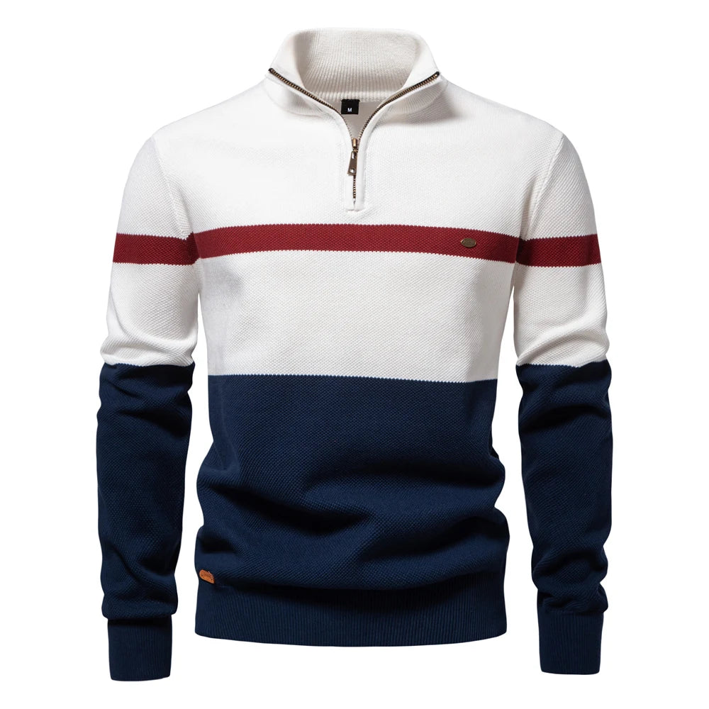 Men's Knitted Quarter-Zip Jumper with High Neck and Striped Colour-Block Design